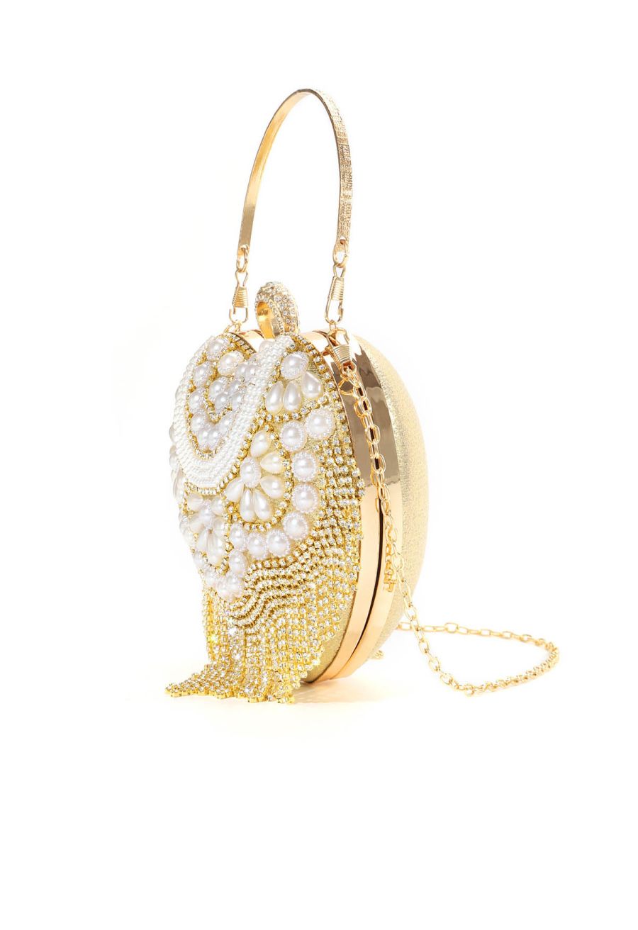 Elegance Pearl Tassel Heart Shape Clutch in Gold