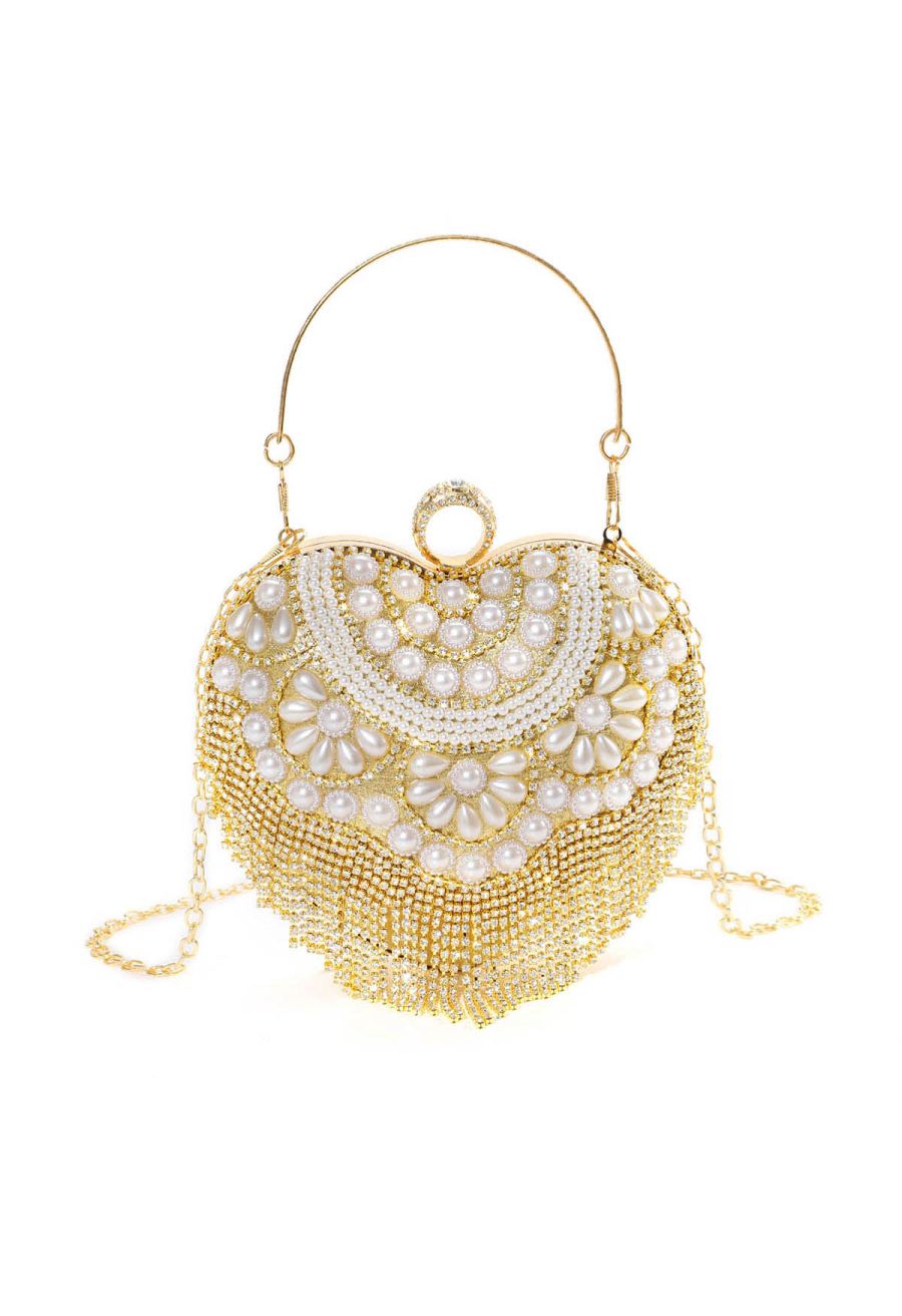 Elegance Pearl Tassel Heart Shape Clutch in Gold