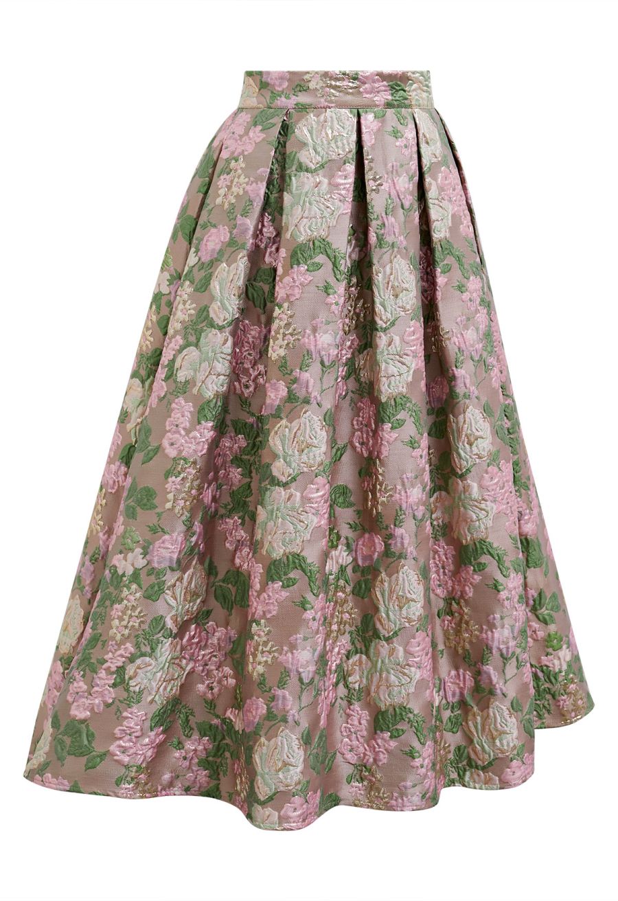 Sweet Brilliance Floral Embossed Jacquard Pleated Midi Skirt
