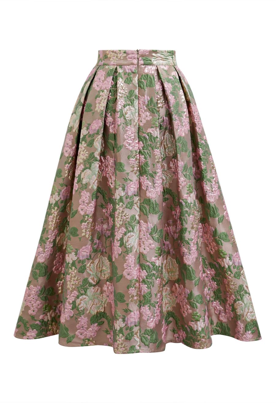 Sweet Brilliance Floral Embossed Jacquard Pleated Midi Skirt