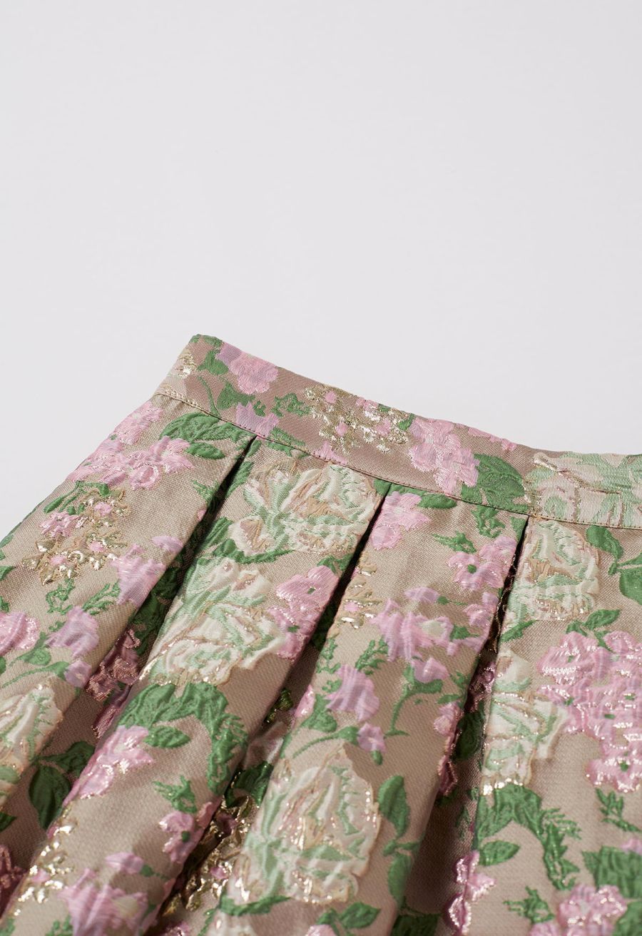 Sweet Brilliance Floral Embossed Jacquard Pleated Midi Skirt
