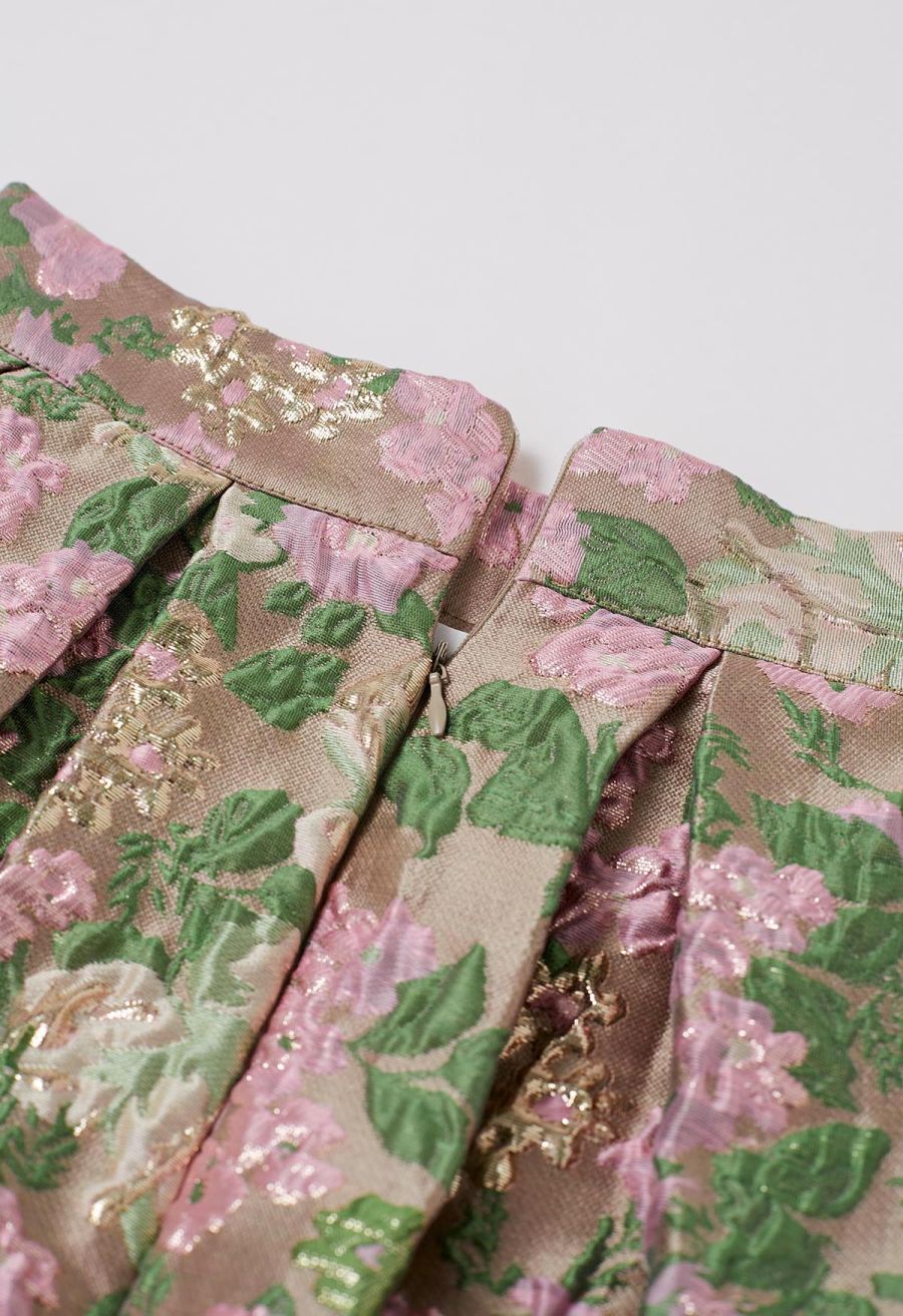 Sweet Brilliance Floral Embossed Jacquard Pleated Midi Skirt
