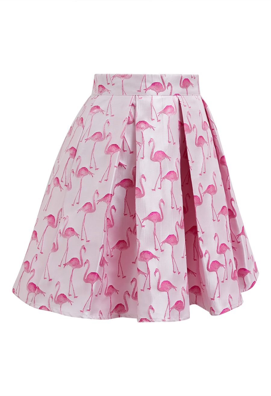 Flamingo Jacquard Box Pleated Mini Skirt