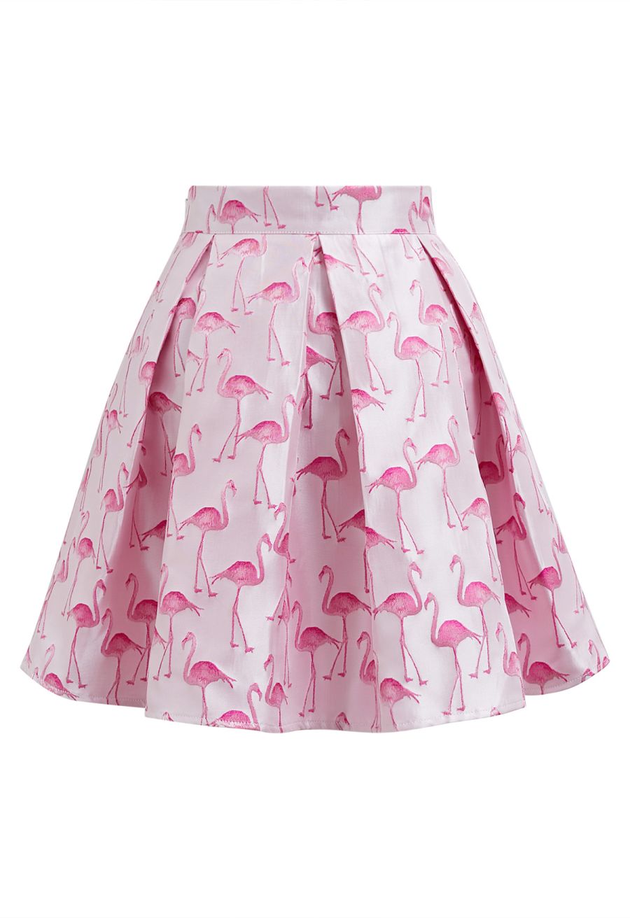 Flamingo Jacquard Box Pleated Mini Skirt