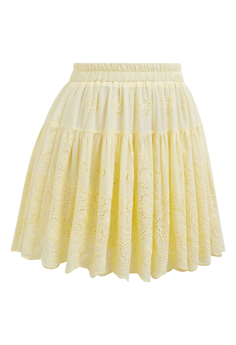 Floral Eyelet Embroidered Scalloped Mini Skirt in Light Yellow