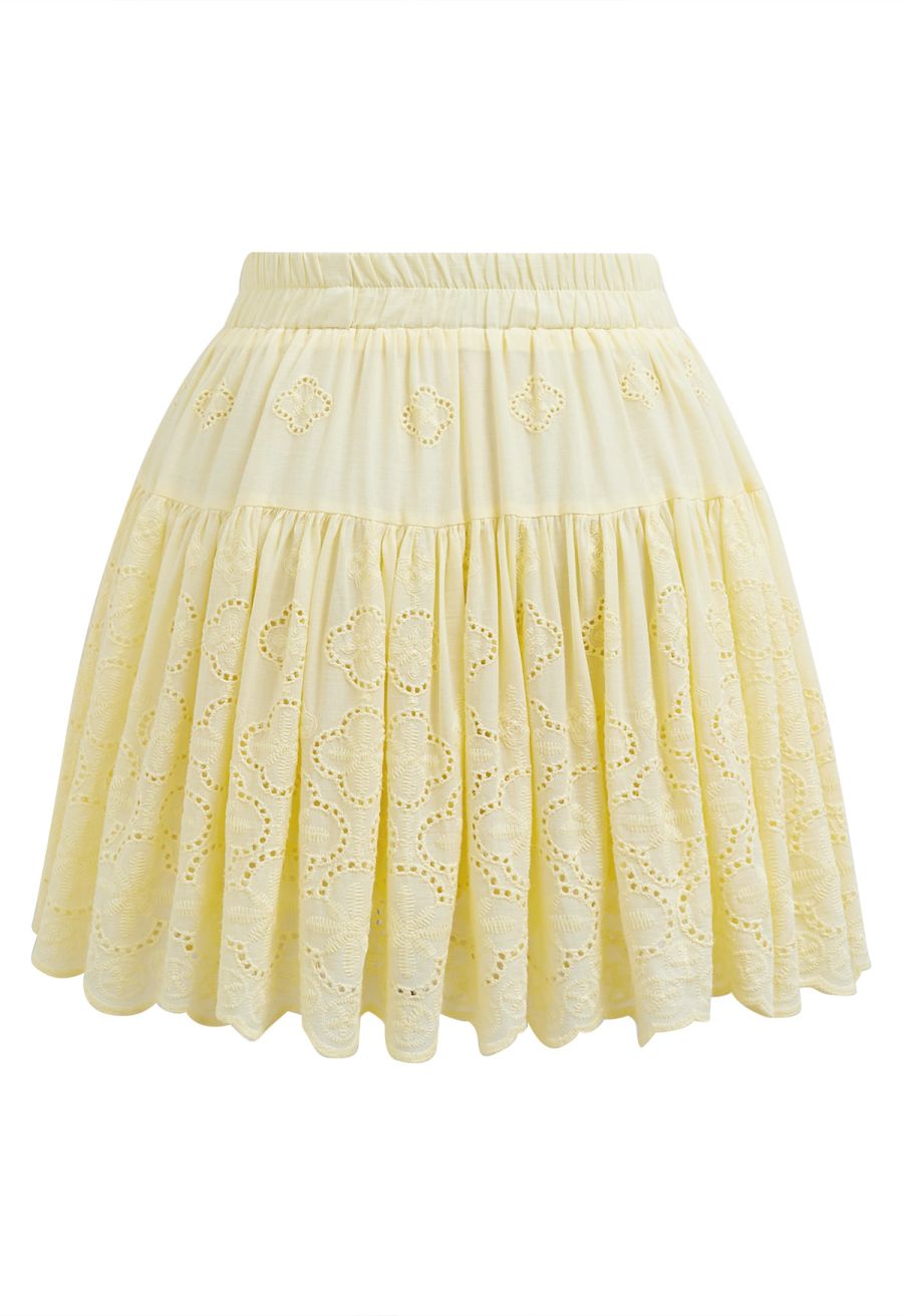 Floral Eyelet Embroidered Scalloped Mini Skirt in Light Yellow