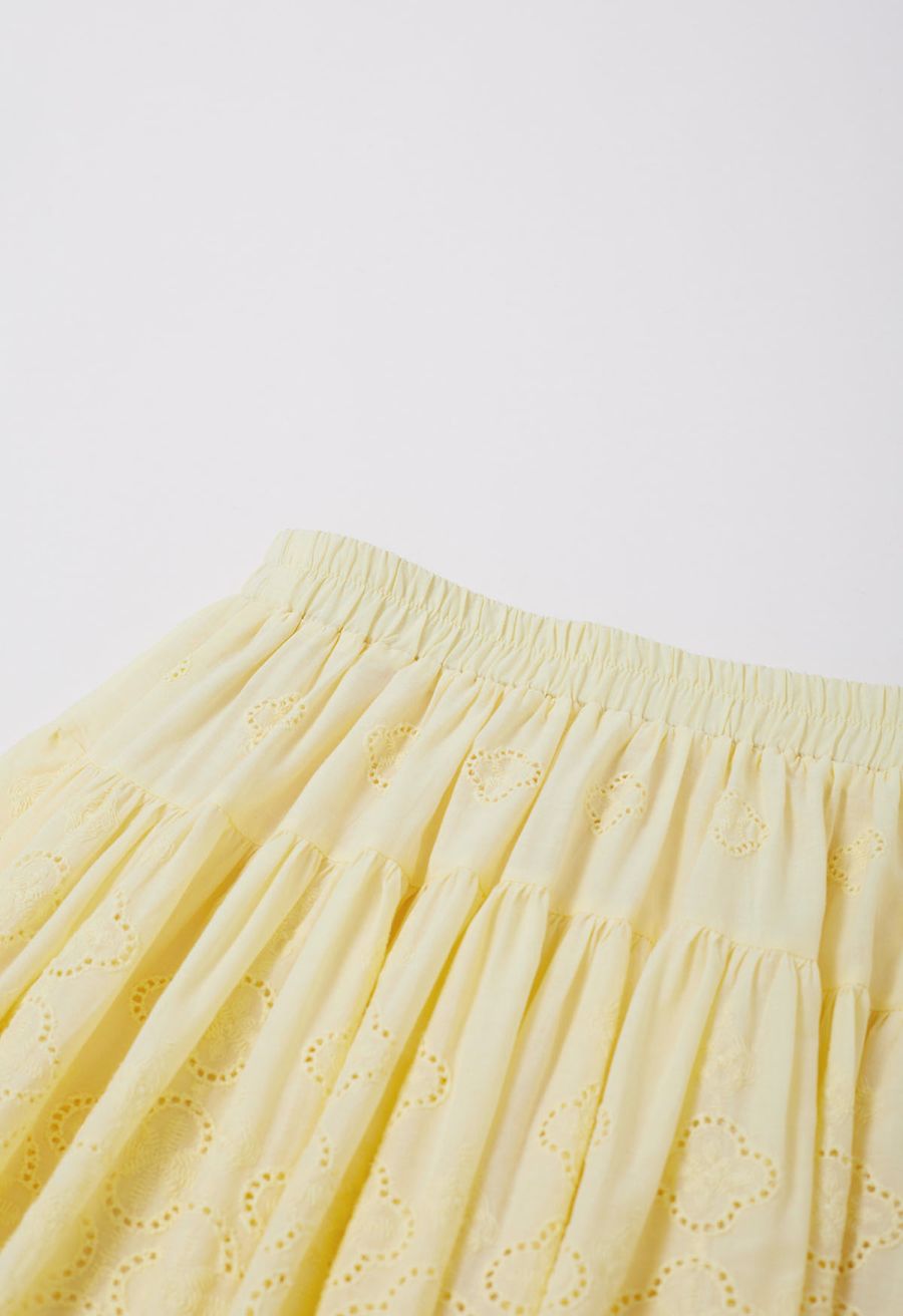 Floral Eyelet Embroidered Scalloped Mini Skirt in Light Yellow