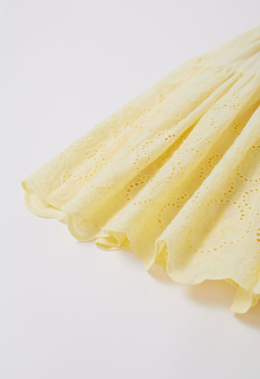 Floral Eyelet Embroidered Scalloped Mini Skirt in Light Yellow