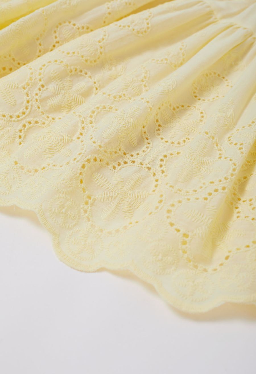 Floral Eyelet Embroidered Scalloped Mini Skirt in Light Yellow