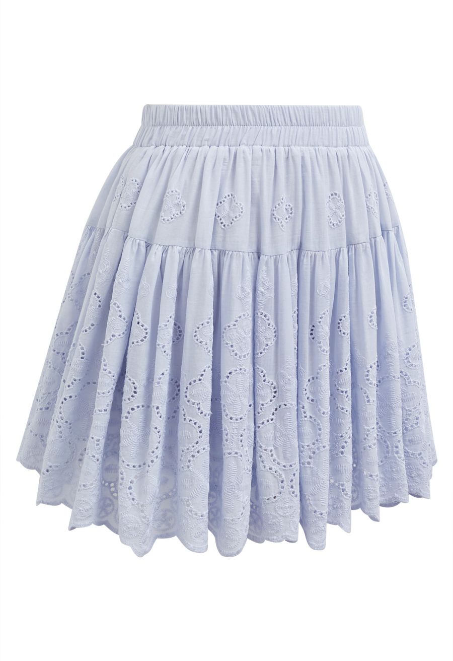 Floral Eyelet Embroidered Scalloped Mini Skirt in Light Blue