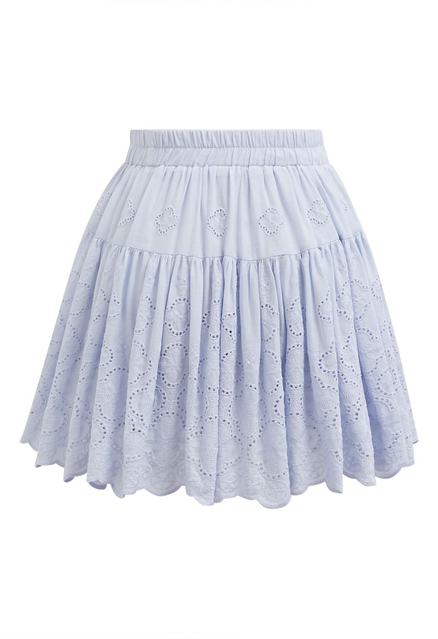 Floral Eyelet Embroidered Scalloped Mini Skirt in Light Blue