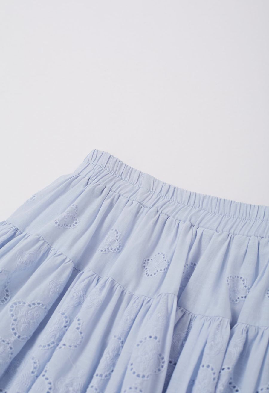 Floral Eyelet Embroidered Scalloped Mini Skirt in Light Blue