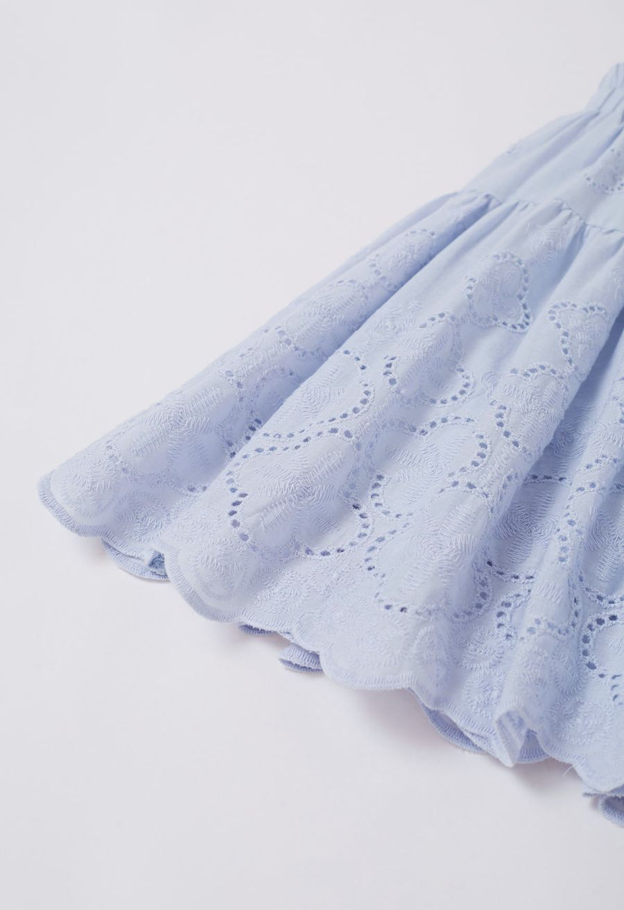Floral Eyelet Embroidered Scalloped Mini Skirt in Light Blue
