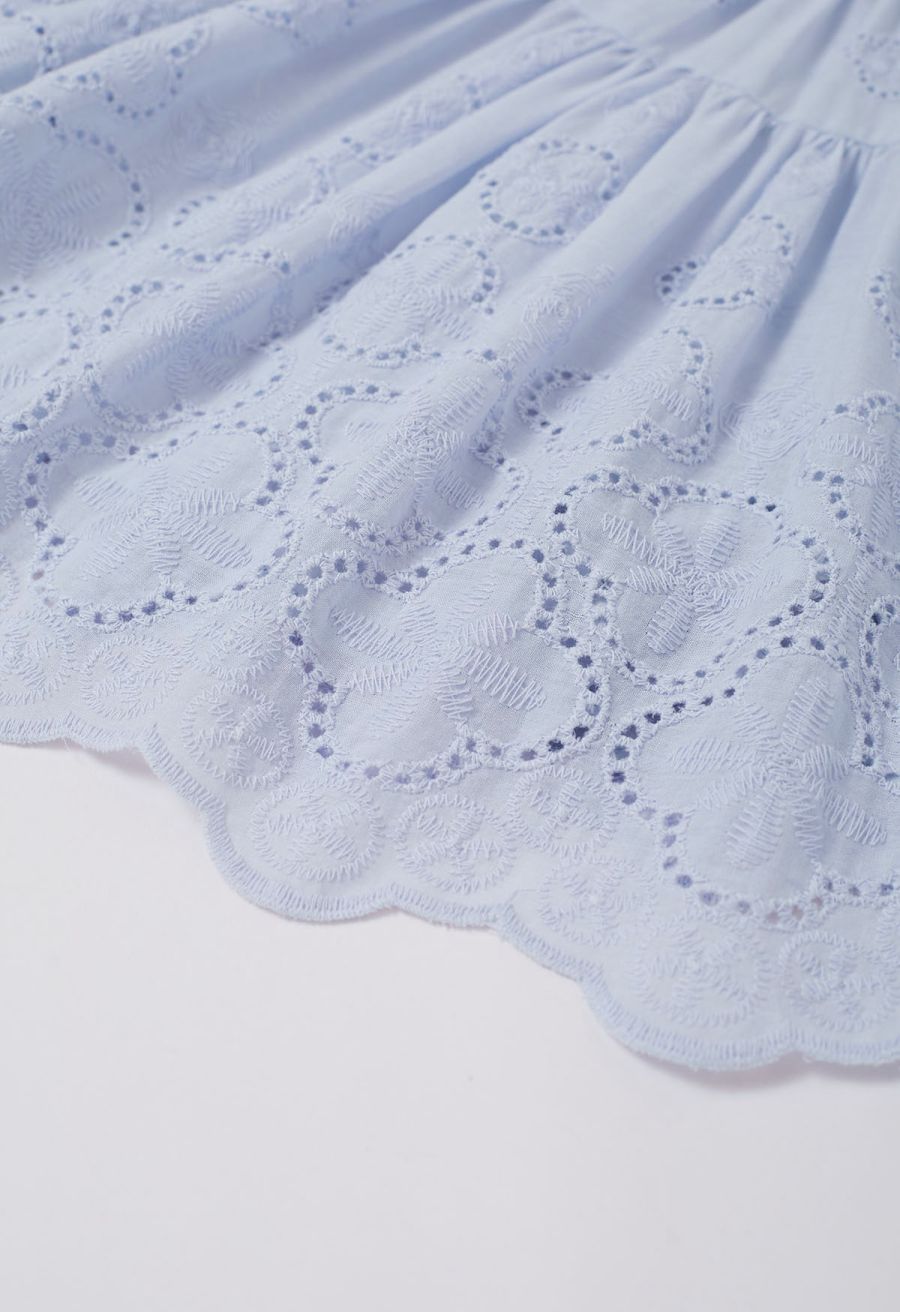 Floral Eyelet Embroidered Scalloped Mini Skirt in Light Blue
