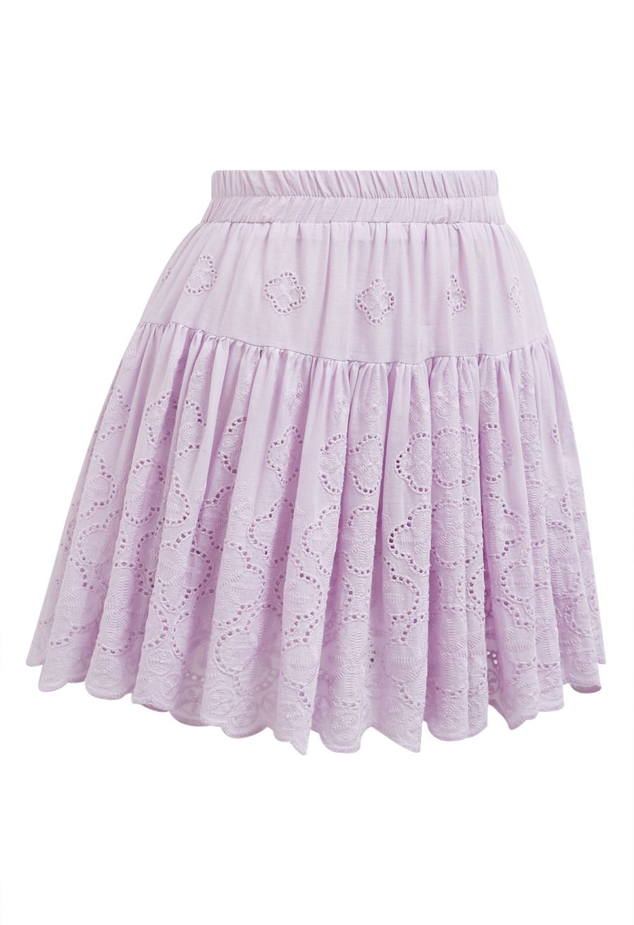 Floral Eyelet Embroidered Scalloped Mini Skirt in Violet
