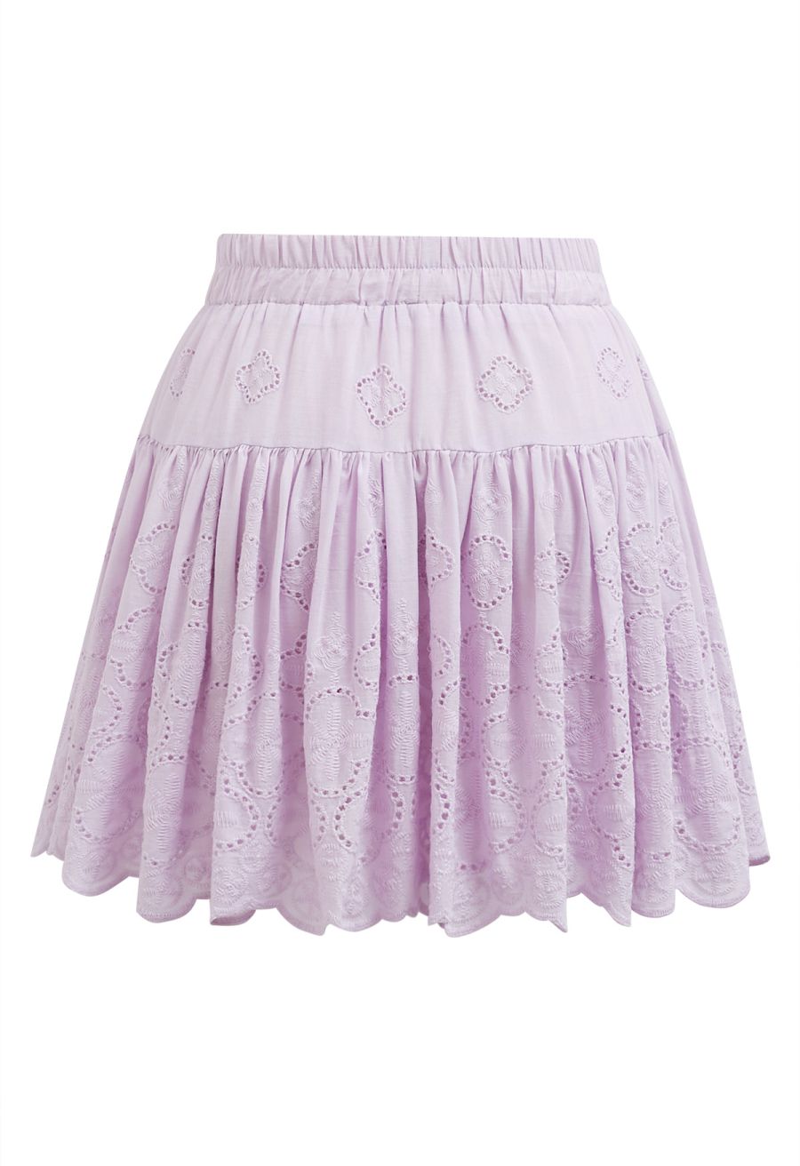 Floral Eyelet Embroidered Scalloped Mini Skirt in Violet