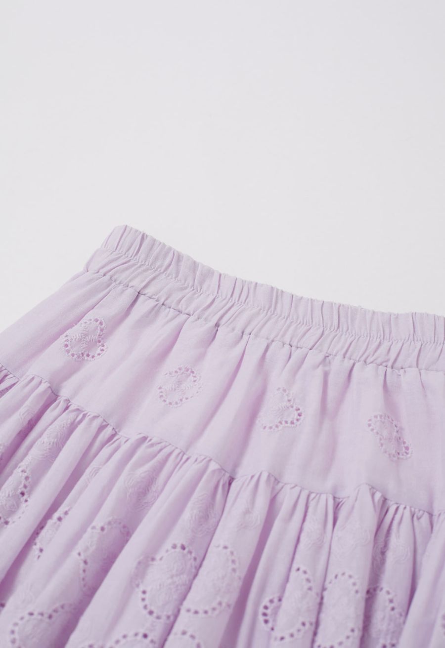 Floral Eyelet Embroidered Scalloped Mini Skirt in Violet
