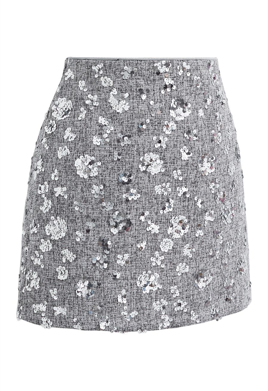 Abundant Charm Sequins Tweed Mini Bud Skirt in Grey