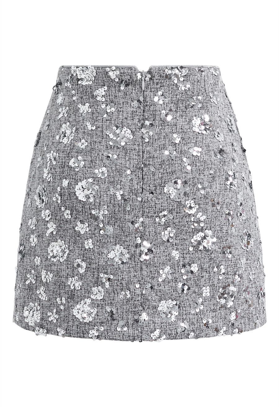 Abundant Charm Sequins Tweed Mini Bud Skirt in Grey