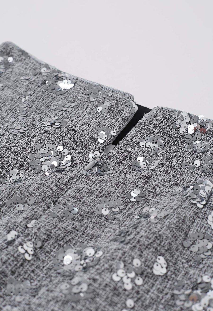Abundant Charm Sequins Tweed Mini Bud Skirt in Grey