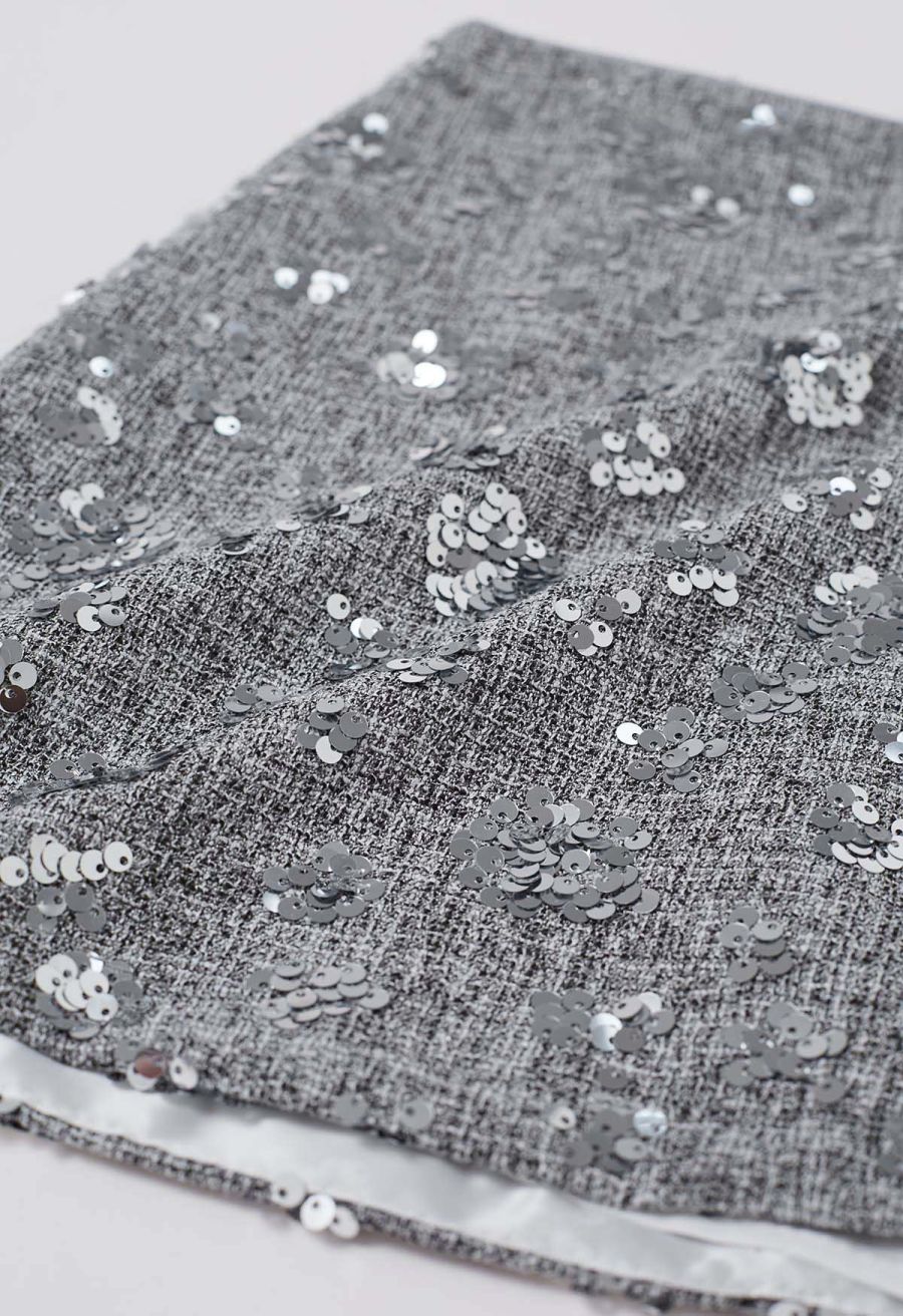 Abundant Charm Sequins Tweed Mini Bud Skirt in Grey