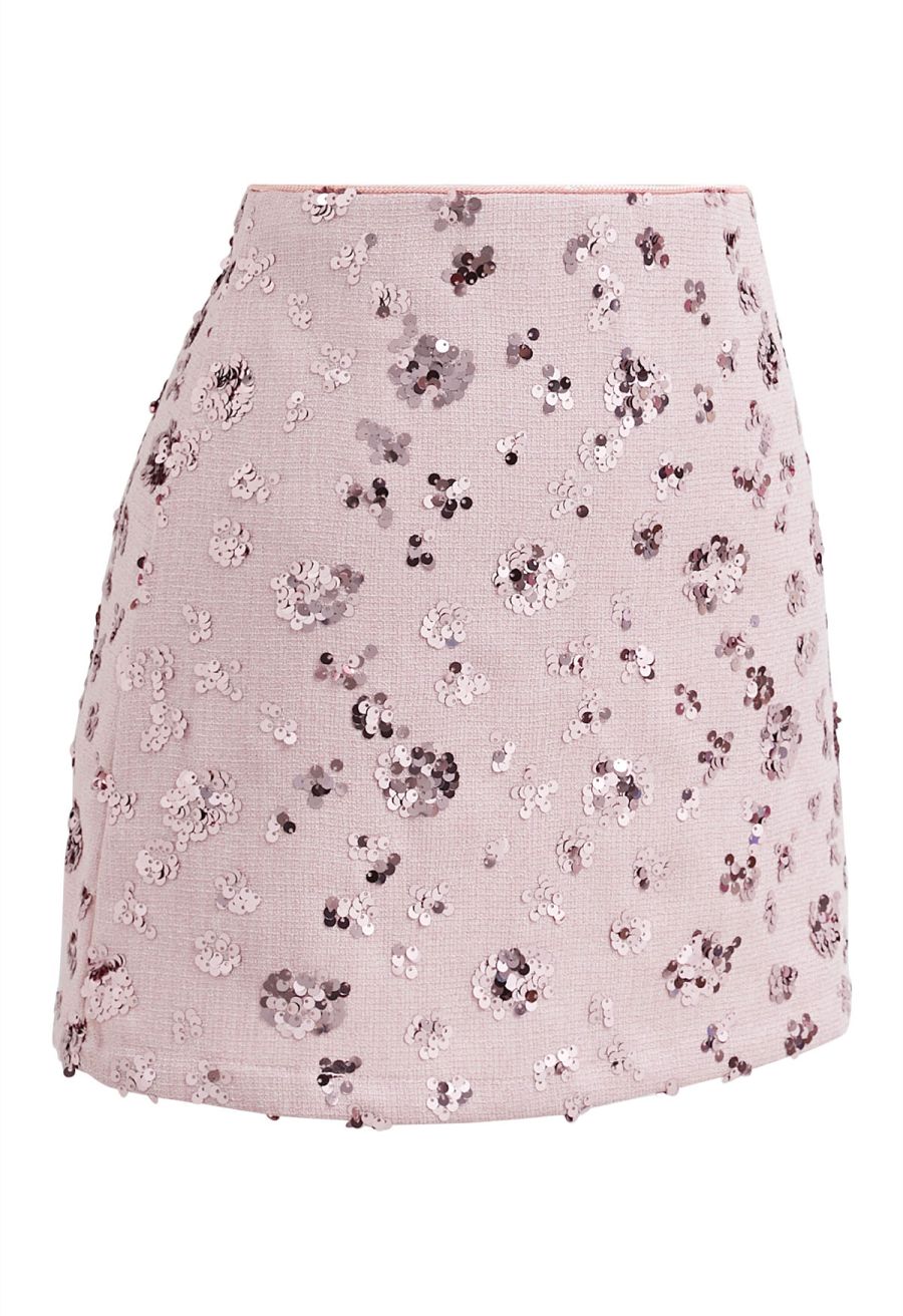 Abundant Charm Sequins Tweed Mini Bud Skirt in Light Pink