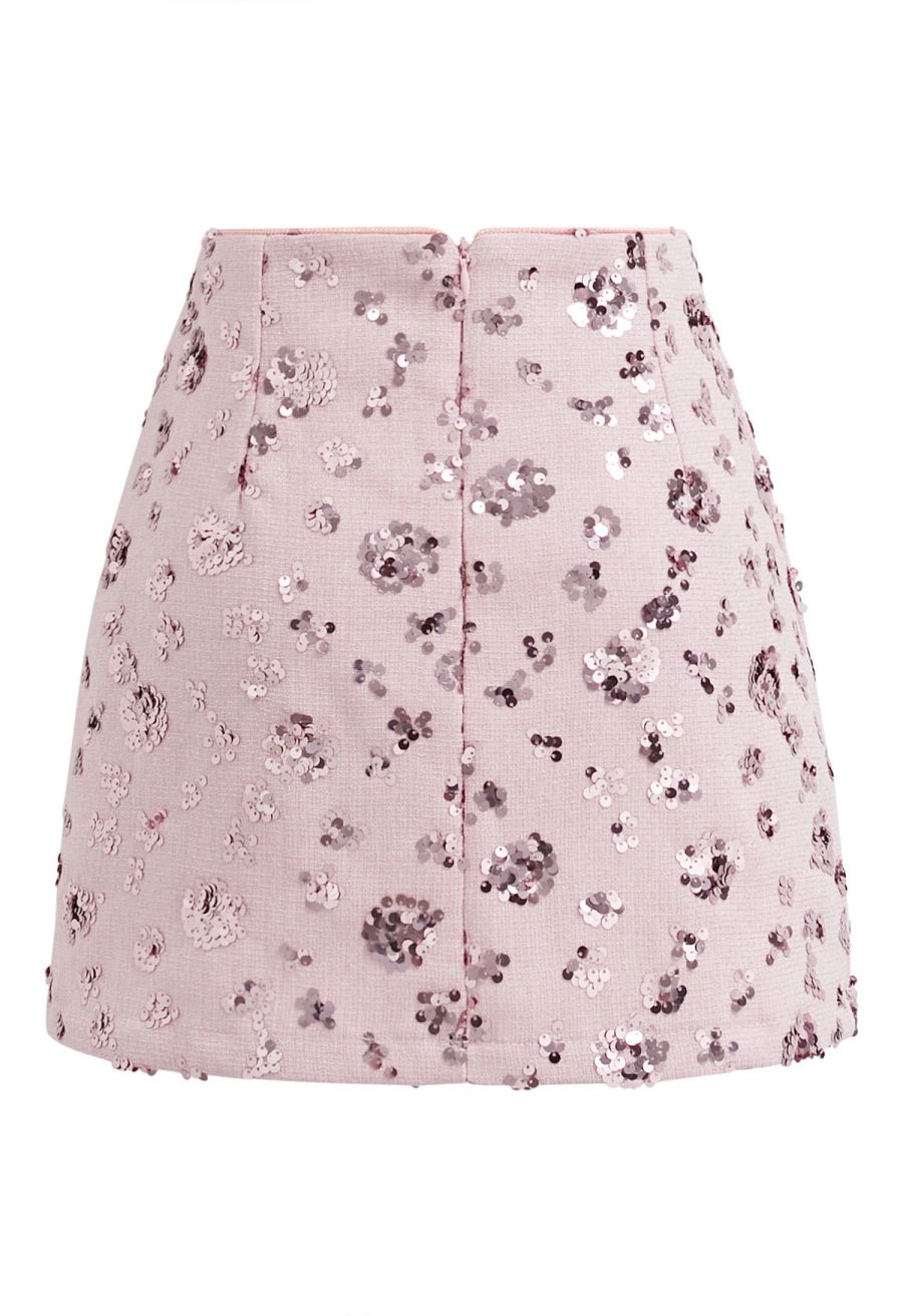 Abundant Charm Sequins Tweed Mini Bud Skirt in Light Pink