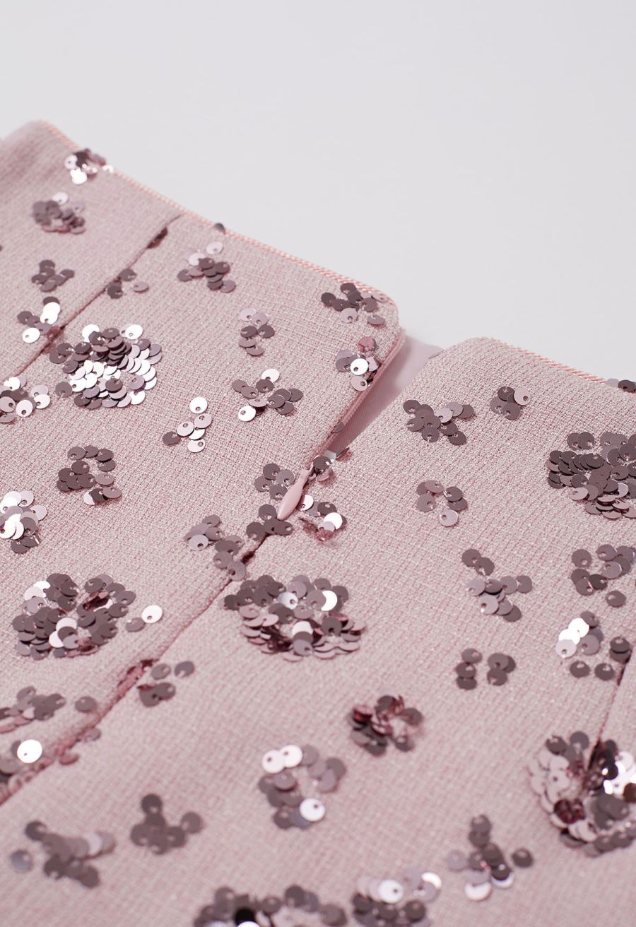 Abundant Charm Sequins Tweed Mini Bud Skirt in Light Pink