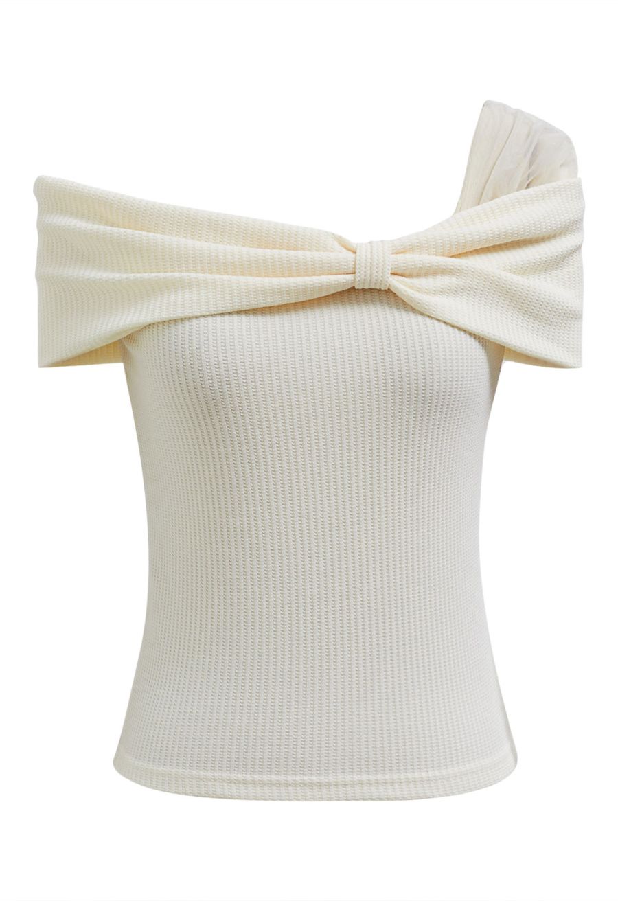 Mesh One-Shoulder Bowknot Ribbed Crop Top in Cream