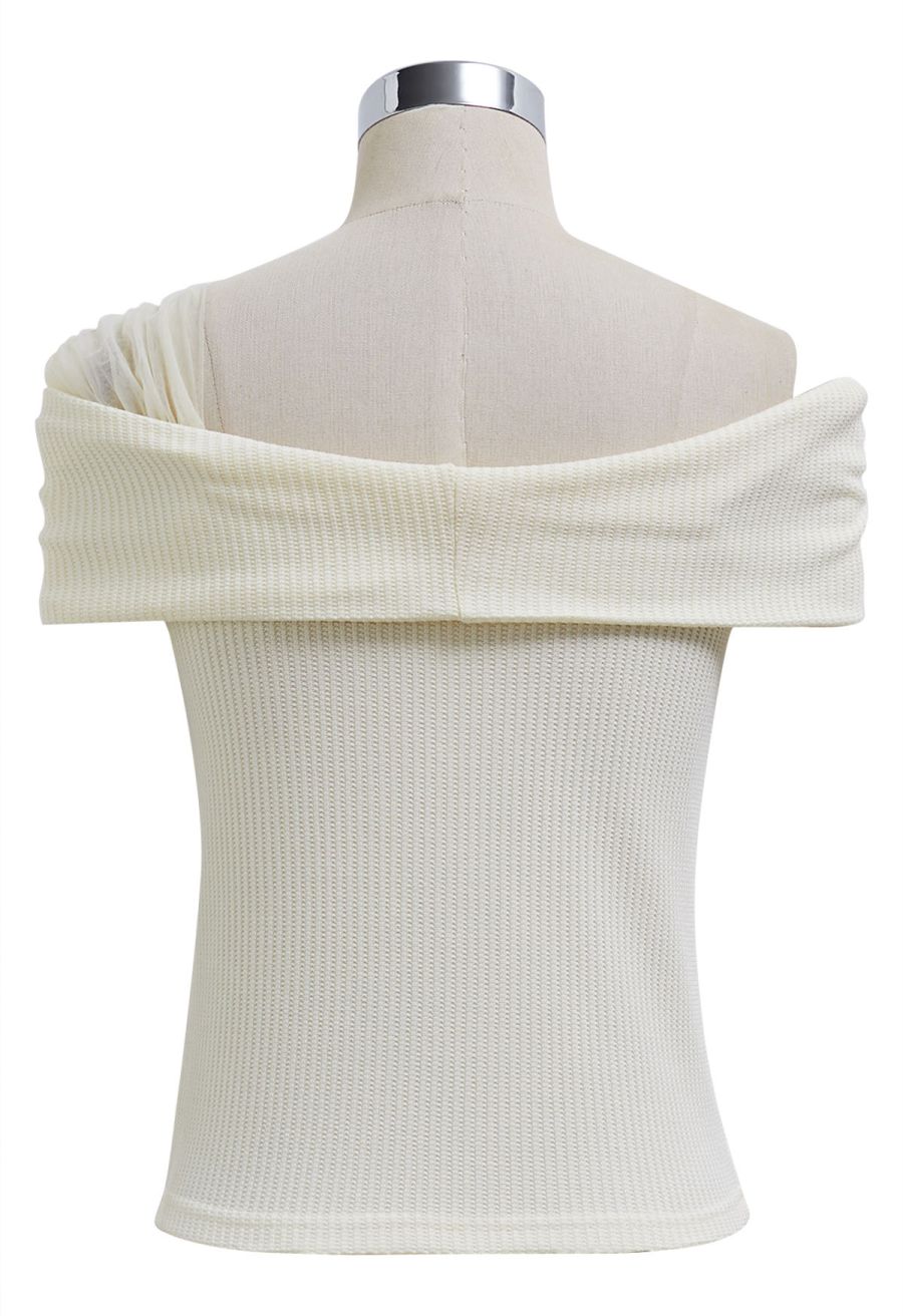 Mesh One-Shoulder Bowknot Ribbed Crop Top in Cream