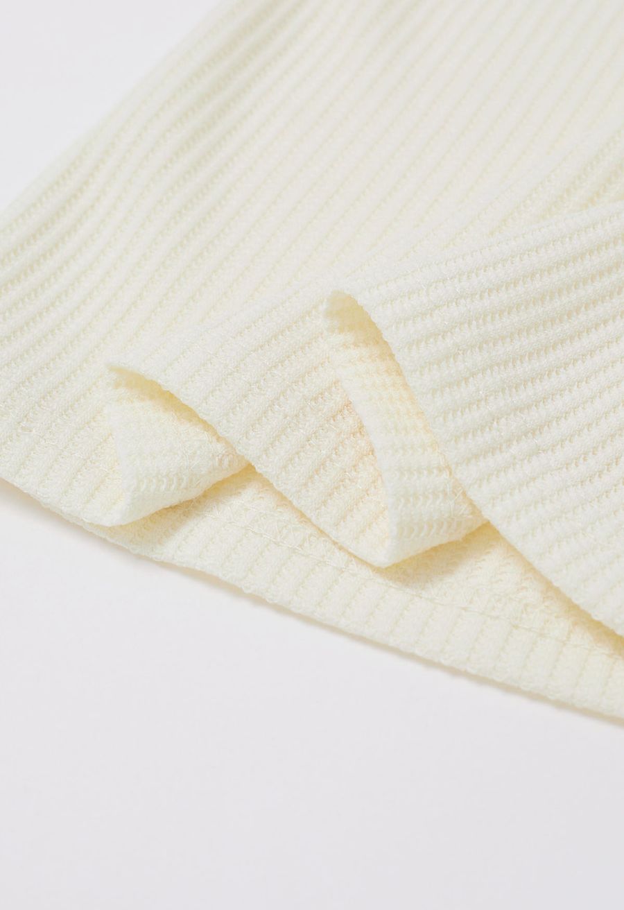Mesh One-Shoulder Bowknot Ribbed Crop Top in Cream