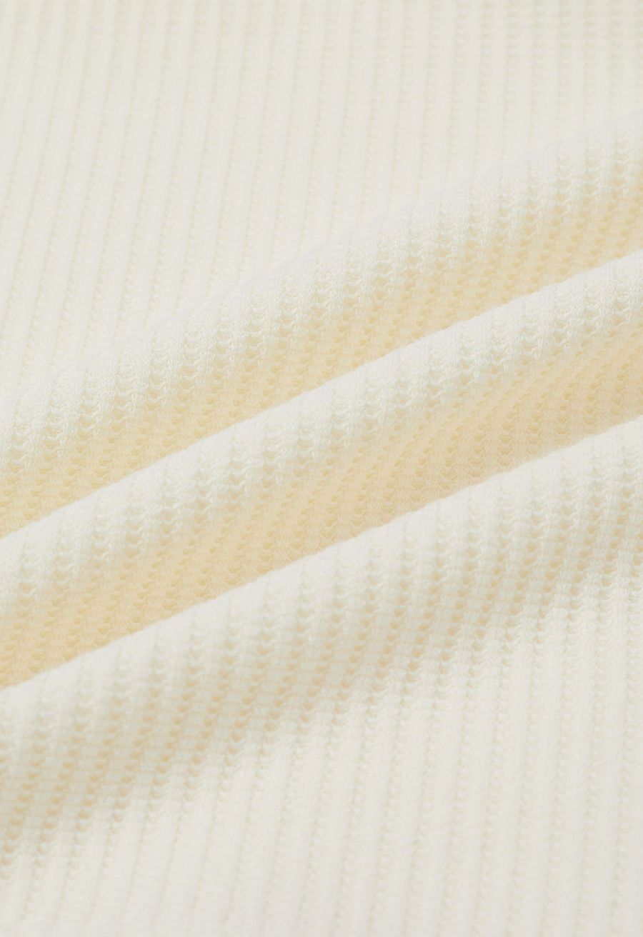 Mesh One-Shoulder Bowknot Ribbed Crop Top in Cream