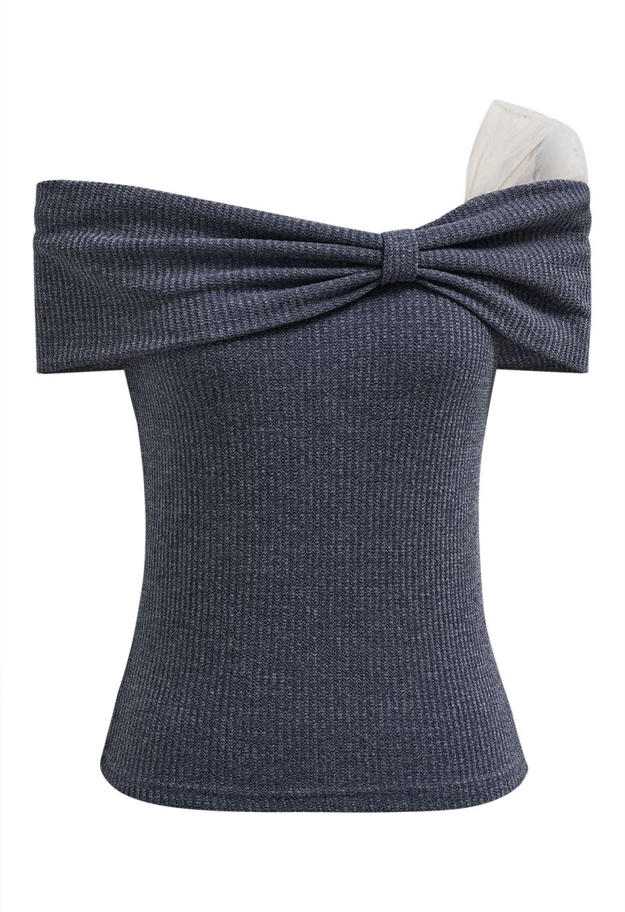Mesh One-Shoulder Bowknot Ribbed Crop Top in Dusty Blue