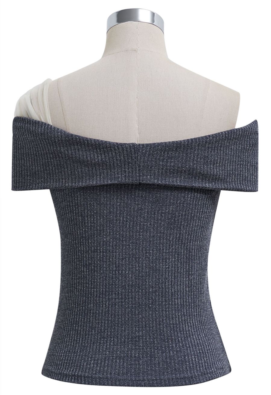 Mesh One-Shoulder Bowknot Ribbed Crop Top in Dusty Blue