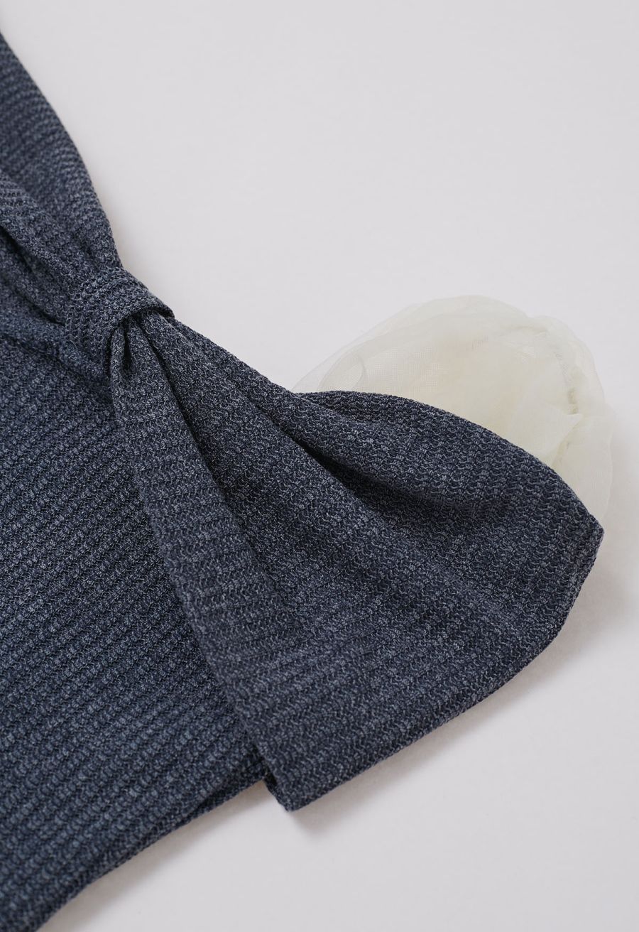 Mesh One-Shoulder Bowknot Ribbed Crop Top in Dusty Blue
