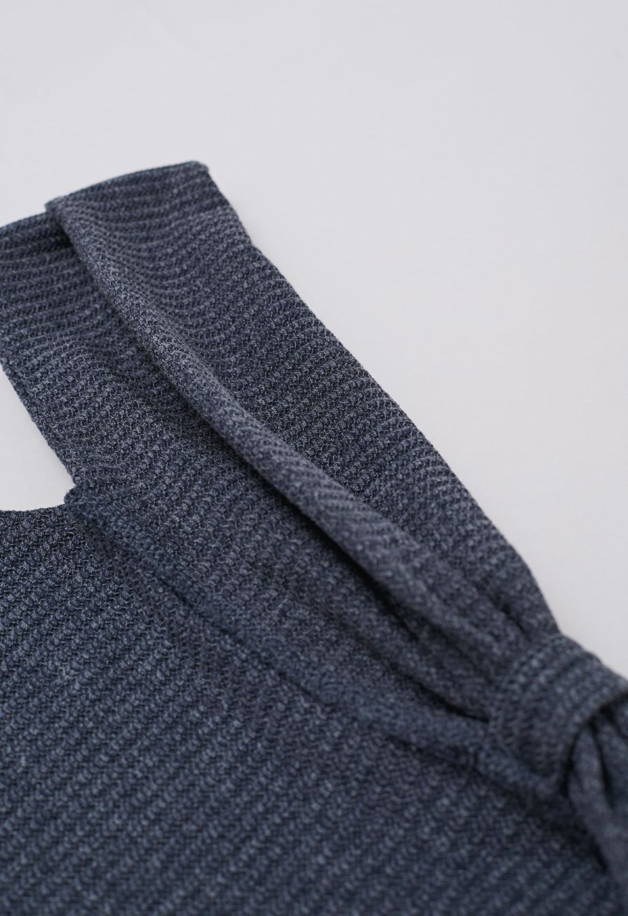 Mesh One-Shoulder Bowknot Ribbed Crop Top in Dusty Blue