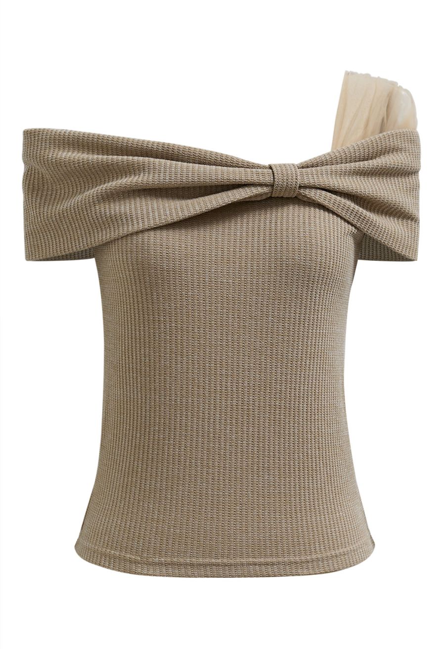 Mesh One-Shoulder Bowknot Ribbed Crop Top in Khaki