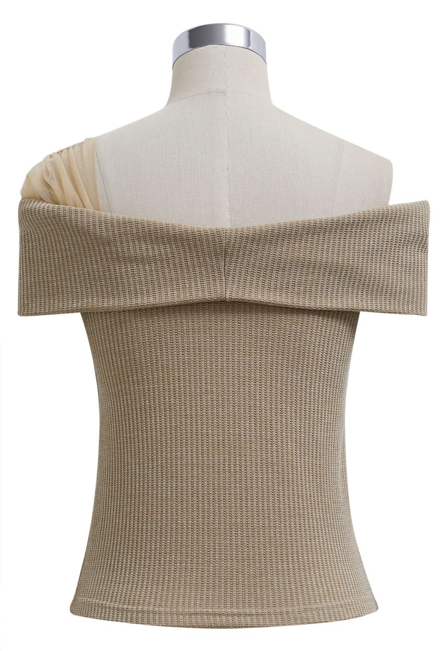 Mesh One-Shoulder Bowknot Ribbed Crop Top in Khaki