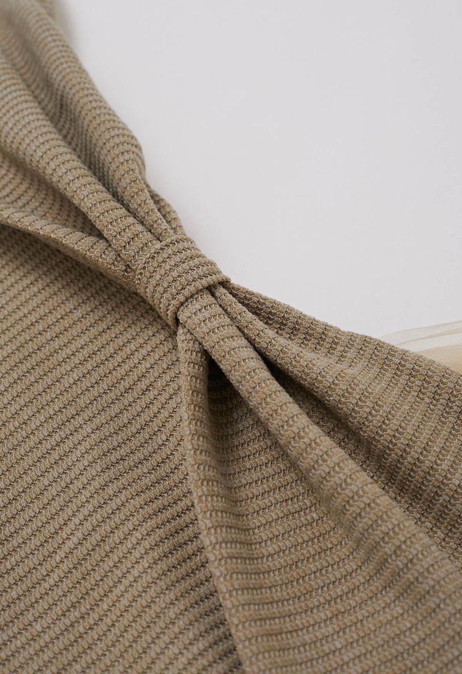 Mesh One-Shoulder Bowknot Ribbed Crop Top in Khaki