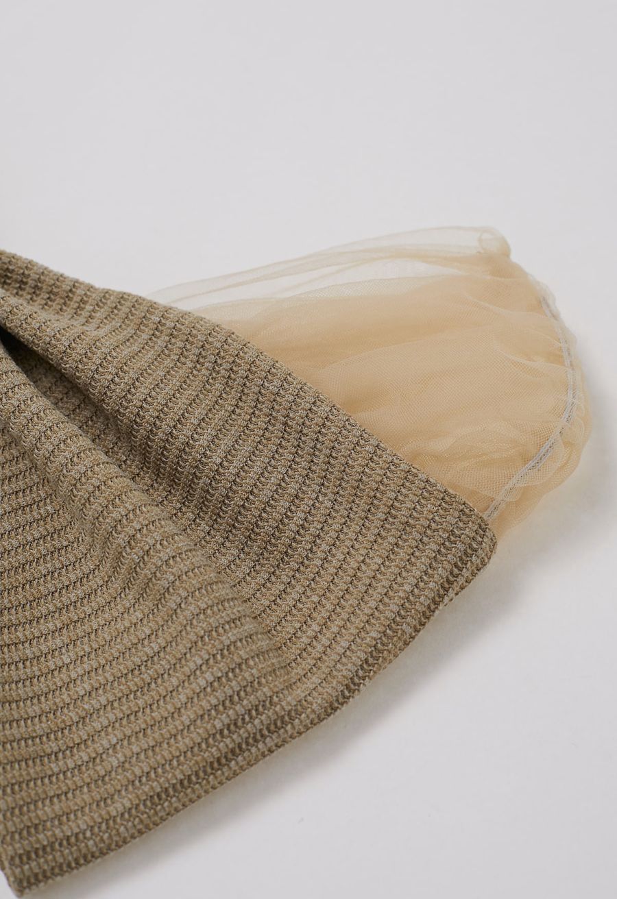 Mesh One-Shoulder Bowknot Ribbed Crop Top in Khaki