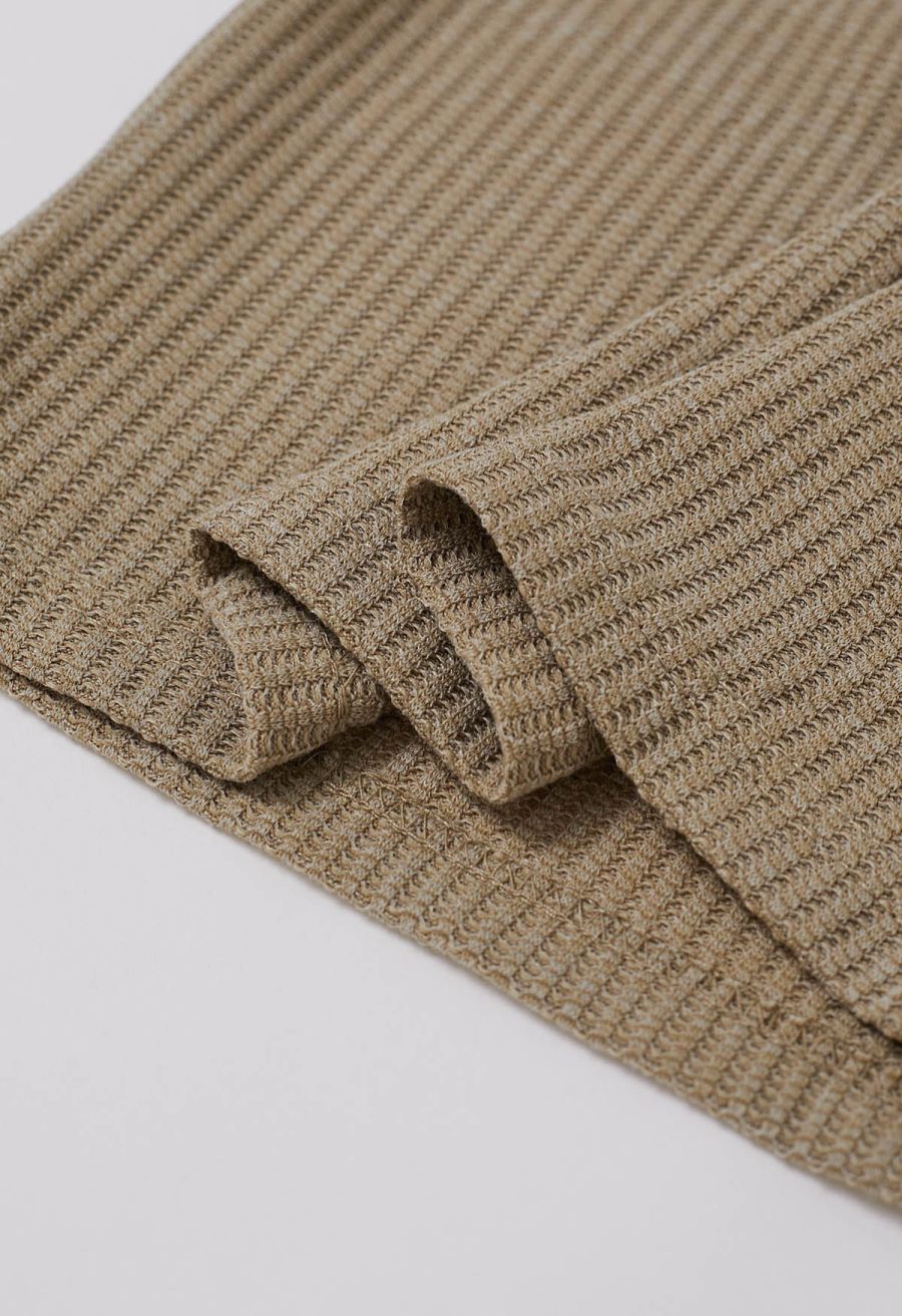 Mesh One-Shoulder Bowknot Ribbed Crop Top in Khaki