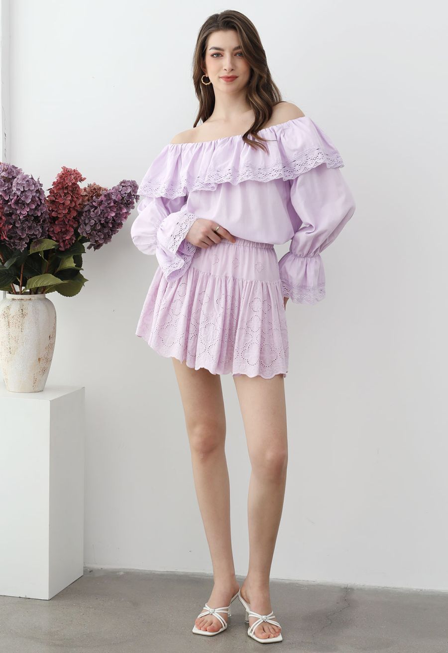 Floral Eyelet Embroidered Scalloped Mini Skirt in Violet