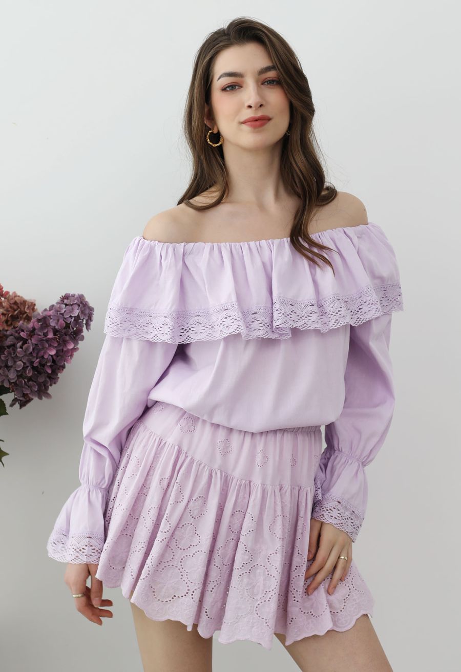 Floral Eyelet Embroidered Scalloped Mini Skirt in Violet