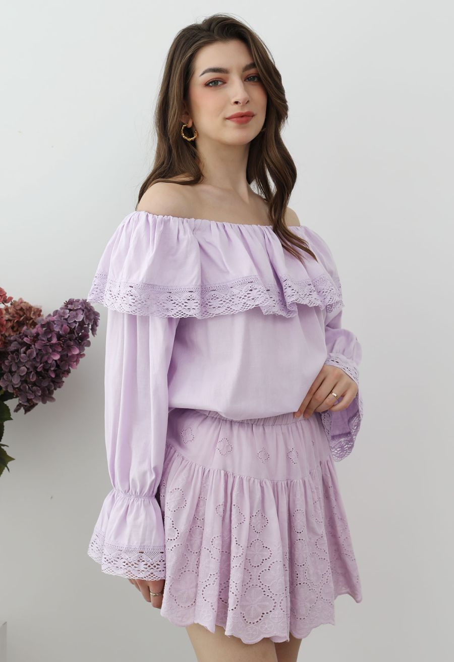 Floral Eyelet Embroidered Scalloped Mini Skirt in Violet