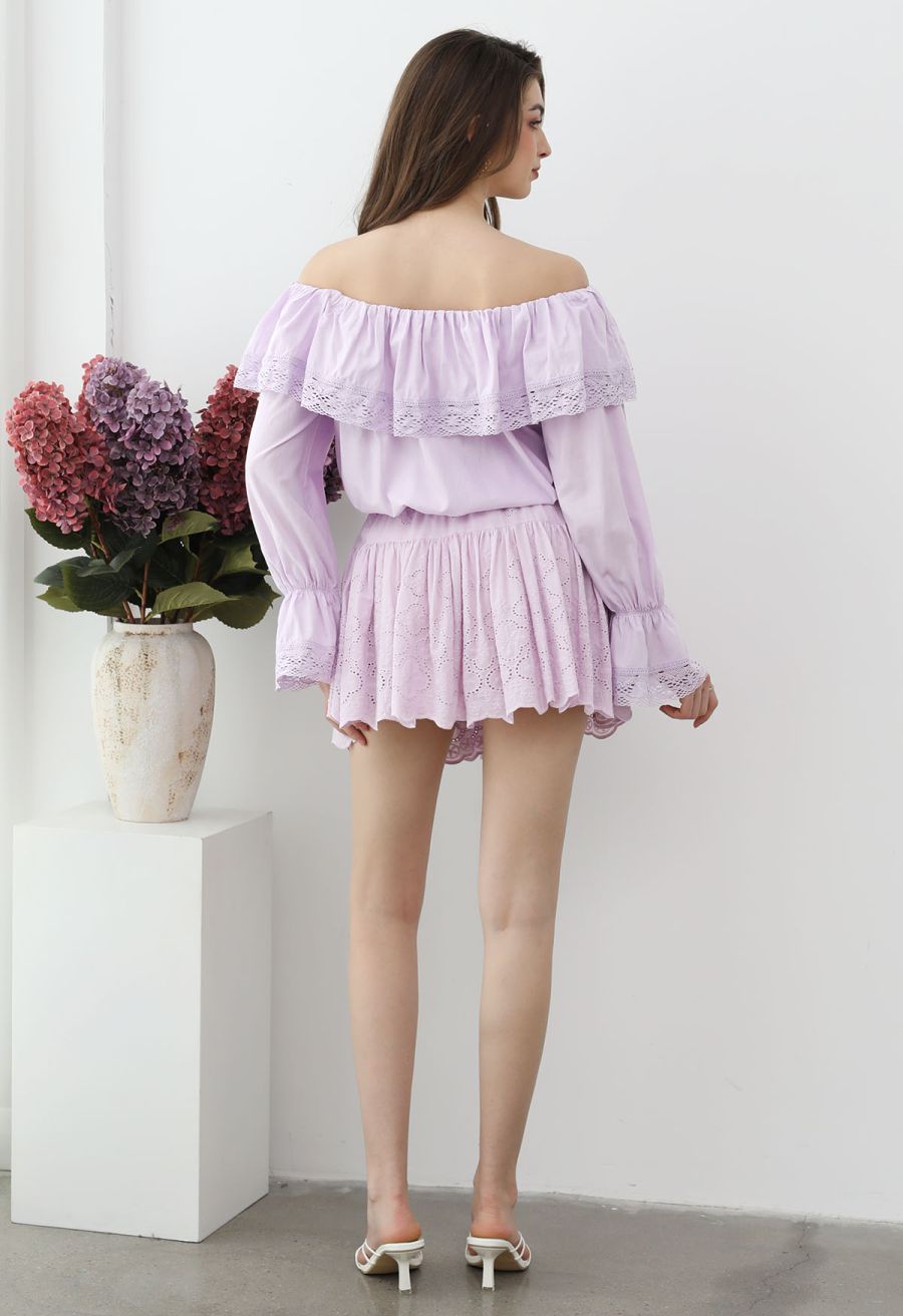 Floral Eyelet Embroidered Scalloped Mini Skirt in Violet