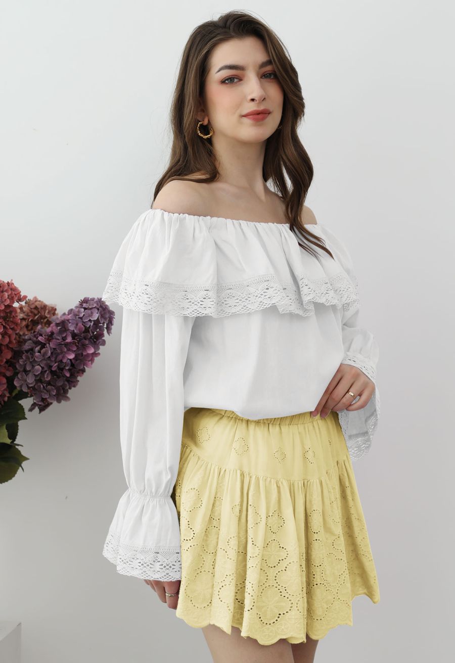 Floral Eyelet Embroidered Scalloped Mini Skirt in Light Yellow