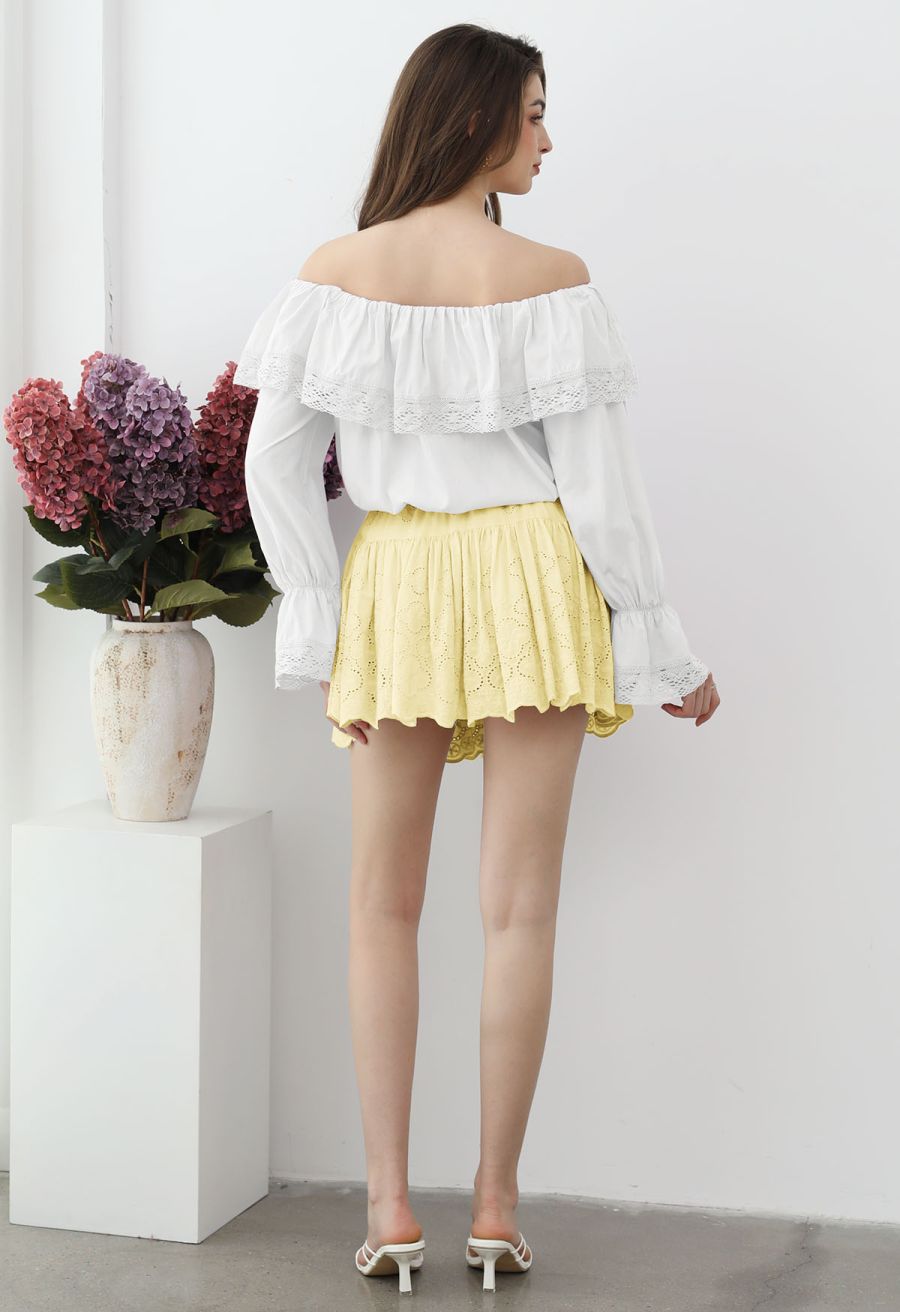 Floral Eyelet Embroidered Scalloped Mini Skirt in Light Yellow
