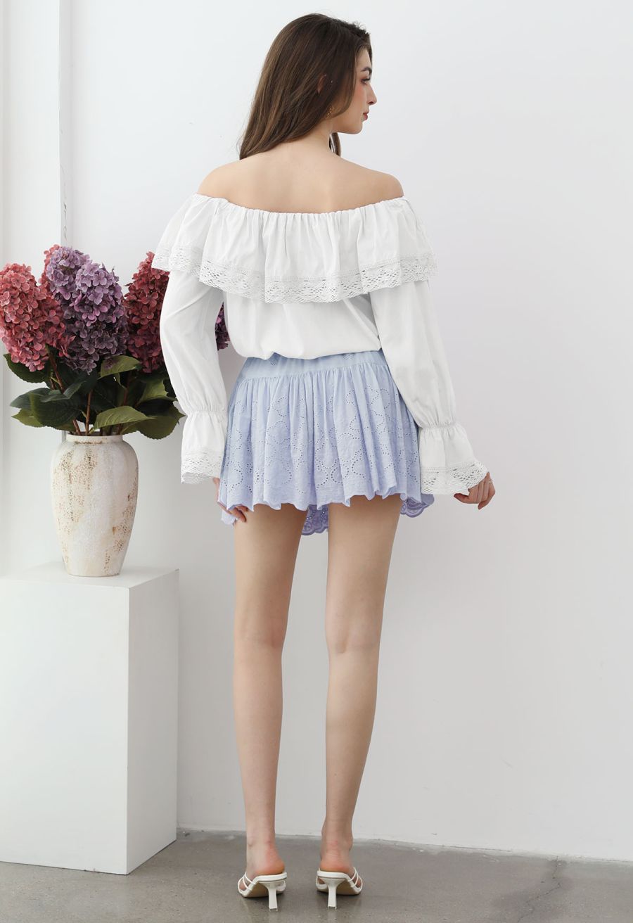 Floral Eyelet Embroidered Scalloped Mini Skirt in Light Blue