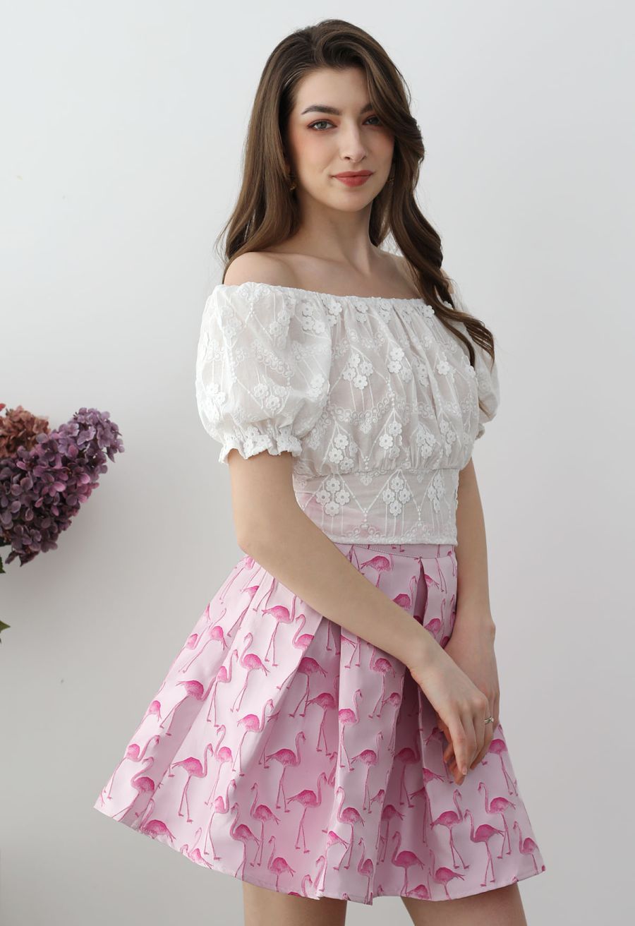 Flamingo Jacquard Box Pleated Mini Skirt