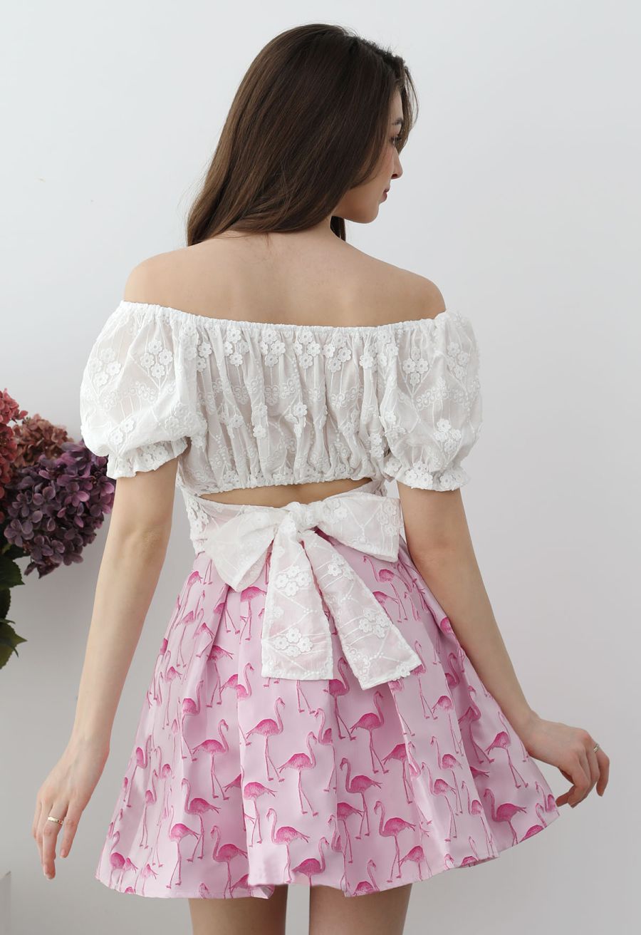 Flamingo Jacquard Box Pleated Mini Skirt